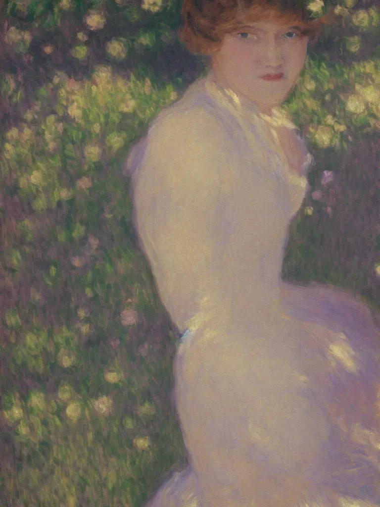 Image similar to portrait of < zelda fitzgerald > as a beautiful young lady, in the sun, out of focus, pleinairism,, backlit, closeup, oil on canvas, atr by monet, impressionnisme, 8 k