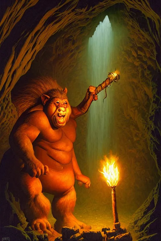 Prompt: classic oil painting, a large troll is holding a torch, as a dnd character, deep inside a wet cave, cottagecore, highly detailed, digital illustration, concept art, smooth, sharp focus, happy, art by tim hildebrandt, and greg hildebrandt