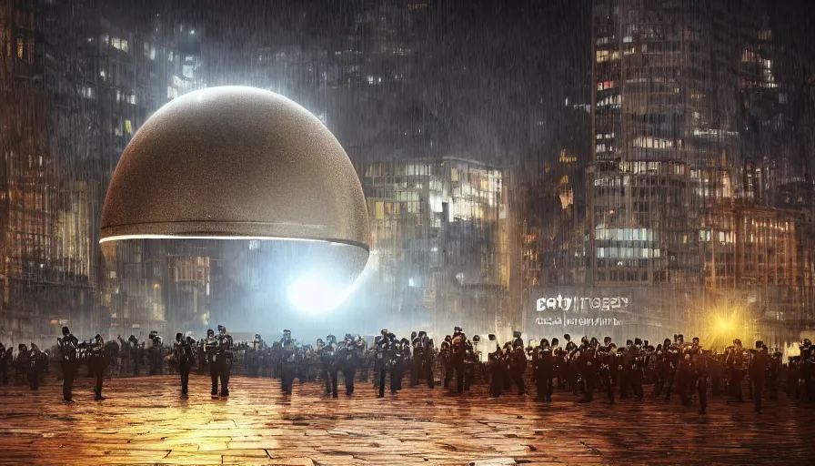 Image similar to policemen protect a huge spiral - shaped luminous object right in the center of the city from protesting people, night, rain and light fog, professional lighting, concept art in 3 d, high detail, professional lighting