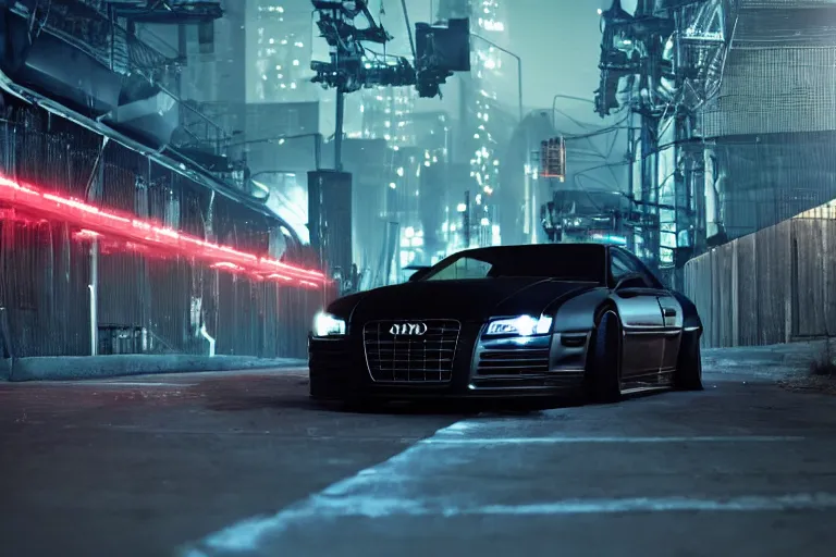 Image similar to widebody all black audi camaro b 6 ( 2 0 0 5 ), need for speed : carbon, at night, sci - fi, neon lines, phonk music background, smoke behind wheels, noise, dark, establishing shot, by simon stalenhag