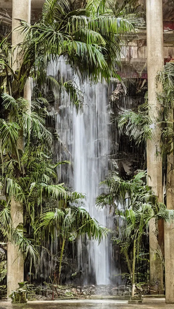 Prompt: 1980s magazine photo of a waterfall in a decaying abandoned mall, with interior potted palm trees, dappled sunlight, faded colors