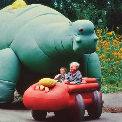 Image similar to a 3 5 mm photography, kodachrome colour, of grandpa with michelin man costume riding a hippo with strange creatures and alien plants inspired by bosch but in the real life, photos taken by martin parr