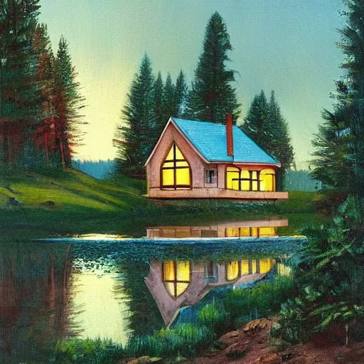 Image similar to small robot cottage at the edge of a lake in the mountains, painting by frank moth, soft glowing windows, early evening, reflections, pine trees, detailed, outlined