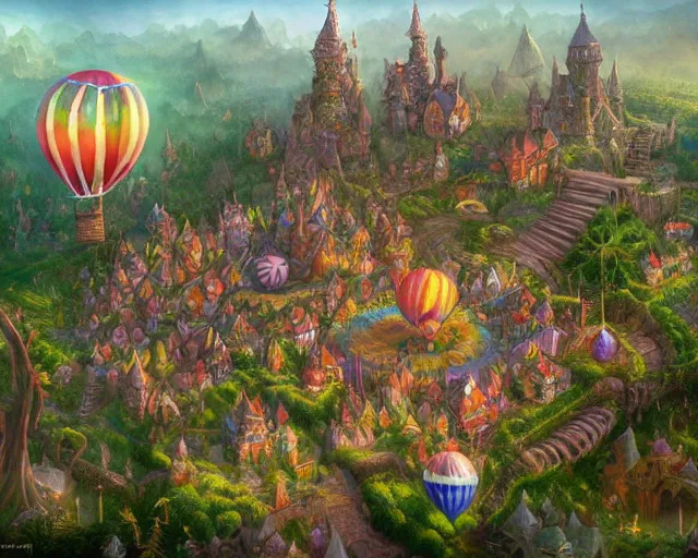 Prompt: fantasy clown village next to a balloon forest, aerial view, deep focus, d & d, fantasy, intricate, elegant, highly detailed, digital painting, artstation, concept art, matte, sharp focus, illustration, hearthstone, art by artgerm and greg rutkowski and laura sava and alphonse mucha