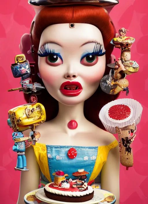 Prompt: closeup portrait of tin toy tin toy elvira eating cakes, depth of field, zeiss lens, detailed, symmetrical, centered, fashion photoshoot, by nicoletta ceccoli, mark ryden, lostfish, earl nore, hyung tae, frank frazetta, breathtaking, 8 k resolution, extremely detailed, beautiful, establishing shot, artistic, hyperrealistic, octane render