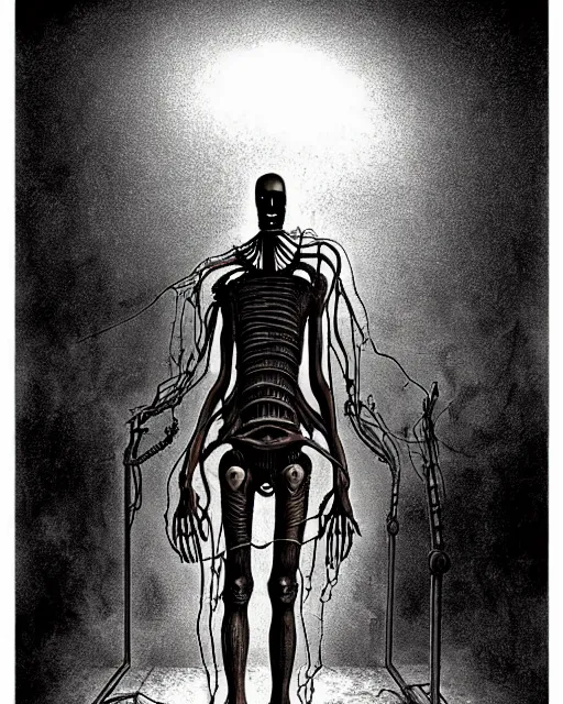 Prompt: full-body creepy realistic central composition, a decapitated soldier with futuristic elements. he welcomes you into the fog with no head, dark dimension portal, empty helmet inside is occult mystical symbolism headless full-length view. attendants watching, standing in ancient machine eldritch energies disturbing frightening eerie, uneasy atmosphere, artwork by Salvador Dali and Junji Ito