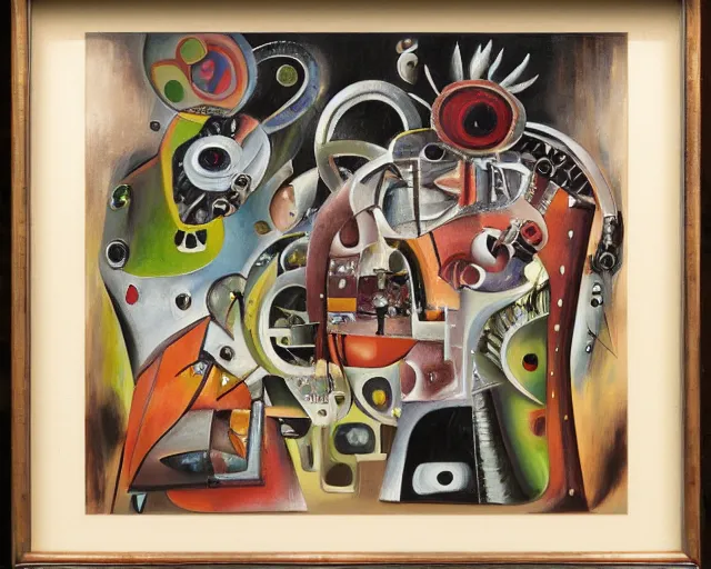 Image similar to Oil painting by Roberto Matta. Two mechanical gods with animal faces having a conversation. Oil painting by Yoshitomo Nara.