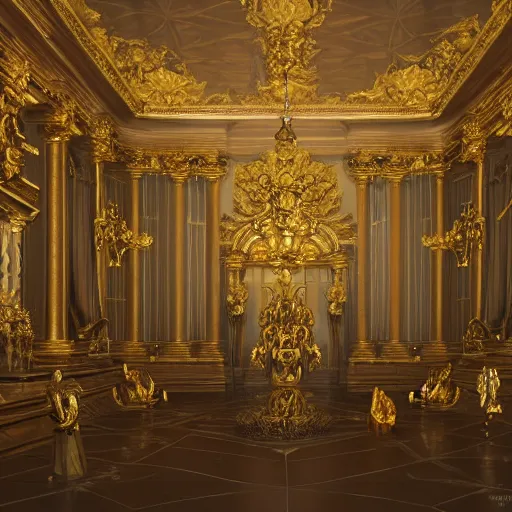 Prompt: baroque versailles interior with statues and golden decorations, baroque furniture, by peter mohrbacher dan mumford craig mullins nekro, cgsociety, pixiv, volumetric light, 3 d render