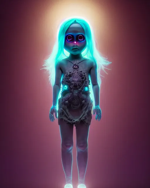 Prompt: one singular portrait of a bioluminescent spooky child doll with big glowing eyes, highly detailed, digital painting, cinematic, hyper realism, dark retrowave, art by Stanley Lau and Artgerm and magali villeneuve and Alphonse Mucha, artstation, octane render, cgsociety