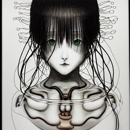 Image similar to prompt: Black and white Fragile looking vessel portrait face drawn by Katsuhiro Otomo, nymph in the water performing alchemy, small flowers and cables and wire around and on the side with artifacts, intricate oil painting, soft light, intricate detail, intricate oil painting detail, sharp high detail, manga and anime 2000