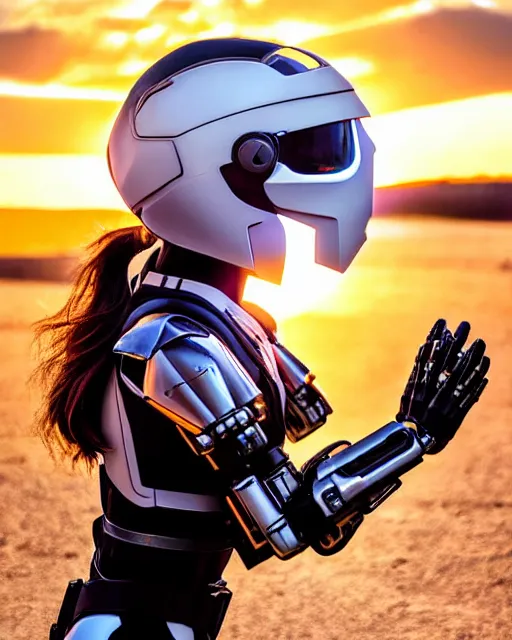 Image similar to centered medium shot fine studio photograph of a beautiful girl wearing only a mecha electronic native Apache helmet with bright lights, ultra-realistic, white background, 8k HDR sunset lit, intricate