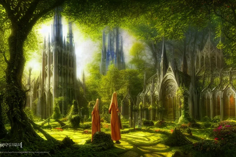 Prompt: a beautiful and highly detailed digital painting of an elven cathedral in a beautiful garden in a mystical forest, psychedelic, intricate details, cgsociety, 8 k, sharp focus, photorealism, by caspar friedrich, albert bierstadt, james gurney, brian froud,