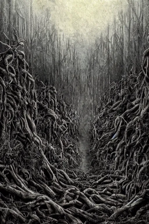 Image similar to Artwork in style of Oblivion of the cinematic view of the Ghastly Forest of Insanity.