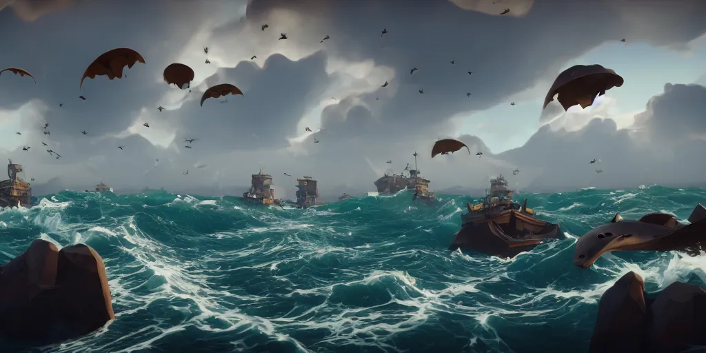 Prompt: a group of stingrays flying in the sky in a rough sea, sea of thieves style, greek temples flying, unreal engine, cinematic, waves, fog, clouds, rain