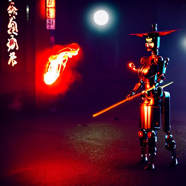 Prompt: robot woman fire dance holding katana, detailed bushido pose energy, shibuya prefecture, cinematic lighting, fog mist smoke, photorealistic, night photography by tomino - sama