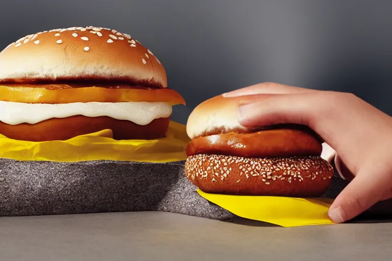 Image similar to mcdonalds salt rock between two sesame seed buns, commercial photograph