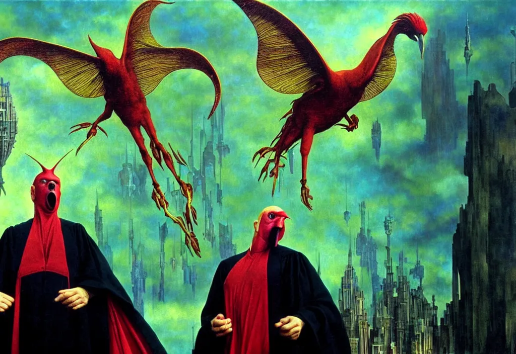 Image similar to realistic detailed portrait movie shot of a screaming birdman wearing black robes, sci fi city landscape background by denis villeneuve, amano, yves tanguy, alphonse mucha, ernst haeckel, max ernst, roger dean, masterpiece, rich moody colours, blue eyes