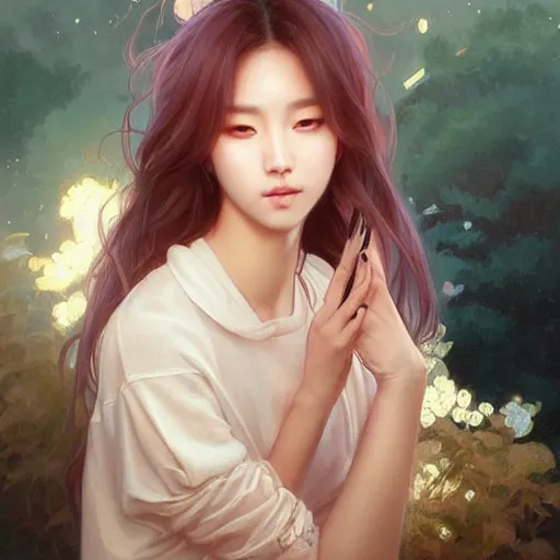 Image similar to portrait of kpop idol, dreamy and ethereal, casual clothes, fierce expression, intricate, rose tones, highly detailed, digital painting, artstation, concept art, smooth, sharp focus, illustration, art by artgerm and greg rutkowski and alphonse mucha