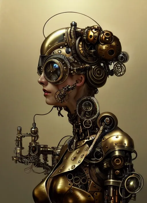 Prompt: steam punk cyborg, diffuse lighting, fantasy, intricate, elegant, highly detailed, lifelike, photorealistic, digital painting, artstation, illustration, concept art, smooth, sharp focus, art by John Collier and Albert Aublet and Krenz Cushart and Artem Demura and Alphonse Mucha