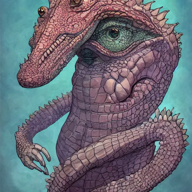 Prompt: a oil / watercolor painting full body character portrait of a illogical, odd, seasoned female anthropomorphic alligator on the wrong side of the law. in the style of moebius in the style of leonard boyarsky trending on artstation deviantart pinterest hyper detailed photorealistic highlights and shadow hd 8 k post - processing high resolution