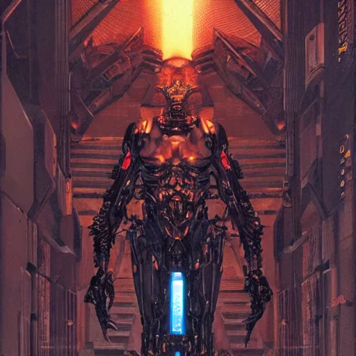 Image similar to a epic boss made by metal, cyberpunk style, super complex and instruct, epic stunning atmosphere, hi - tech synthetic rna bioweapon nanotech demonic monster horror by syd mead, michael whelan, jean leon gerome, junji ito