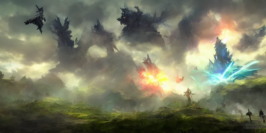 Prompt: guild wars 2, cinematic battlefield, god rays, digital art, high detail by Studio ghibli