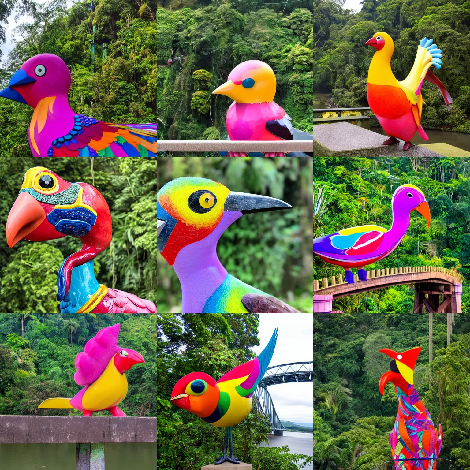 Prompt: closeup photograph of an extremely large colorful fancy amazing hilarious fun bird statue that sits in the middle of a bridge in the rainforest