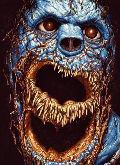 Prompt: portrait of Cookie Monster in Evil Dead (2013), highly detailed, centered, solid color background, digital painting, artstation, concept art, smooth, sharp focus, illustration, artgerm, donato giancola, Joseph Christian Leyendecker, Les Edwards, Ed Repka, WLOP