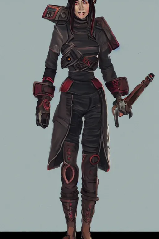 Prompt: Concept art of a beautiful female space pirate. Full body.