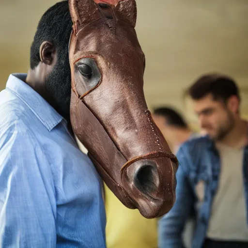 Image similar to man wearing horse head mask on shoulder of man