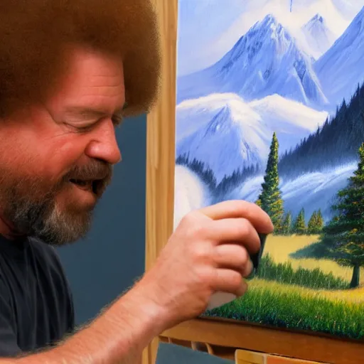 Image similar to a closeup photorealistic photograph of bob ross putting the finishing touches on a canvas painting that includes kenny powers. mountains and trees. film still. brightly lit scene. this 4 k hd image is trending on artstation, featured on behance, well - rendered, extra crisp, features intricate detail, epic composition and the style of unreal engine.