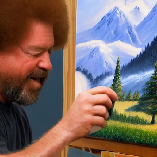 Prompt: a closeup photorealistic photograph of bob ross putting the finishing touches on a canvas painting that includes kenny powers. mountains and trees. film still. brightly lit scene. this 4 k hd image is trending on artstation, featured on behance, well - rendered, extra crisp, features intricate detail, epic composition and the style of unreal engine.