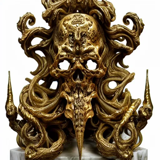 Prompt: Baroque intricately detailed marble cthulhu skull sculpture, with rococo gold details, sculpted by Bernini