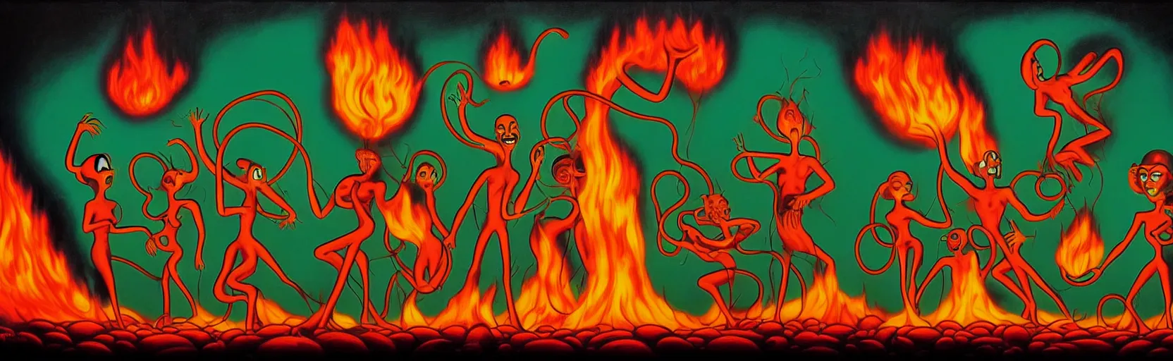 Image similar to uncanny repressed mutants from the depths of a festive imaginal realm in the collective unconscious, dramatic fire glow lighting, surreal dark 1 9 3 0 s fleischer cartoon characters, surreal painting by ronny khalil