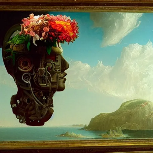 Prompt: a highly detailed painting by Thomas Cole of a vaporwave alternative reality mirror, robot head with flowers growing out, highly detailed 3d rendering from 1996