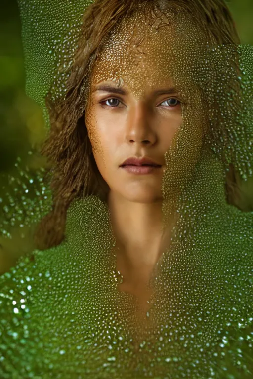 Prompt: mid shot of a regal brown woman wearing an intricate and detailed armor made of dew drops. woman is standing in a lush green forest. multiple layers. reflections. morning dew. textures. delicate. translucent. extremely coherent. studio portrait. photorealistic. octane render