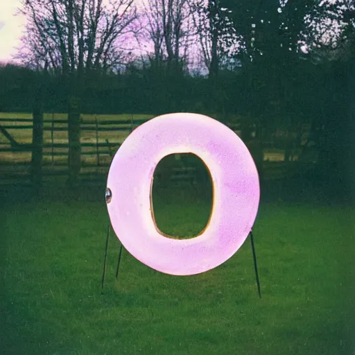 Image similar to a pastel colour Polaroid photo of large smiley face sign made of transparent iridescent perspex stood in a field, nostalgic