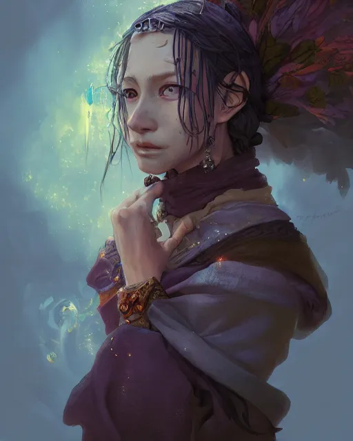 Image similar to portrait of a village witch, beautiful, fantasy, colorful, cinematic lighting, artstation, trending, highly detailed, focus, smooth, by hirohiko araki and yoshitaka amano