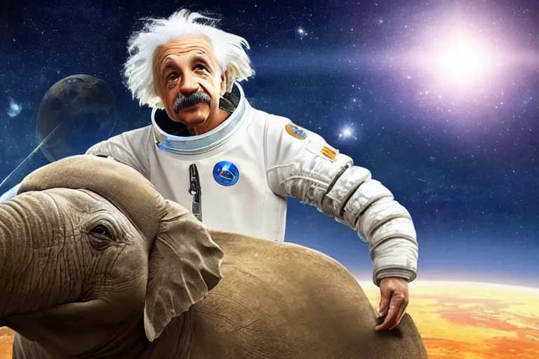 Prompt: still fullbody photo of sad albert einstein in spacesuit, giant flat earth on elephants and turtle at background, highly detailed, photorealistic shot, bright studio setting, studio lighting, crisp quality and light reflections, unreal engine 5 quality render