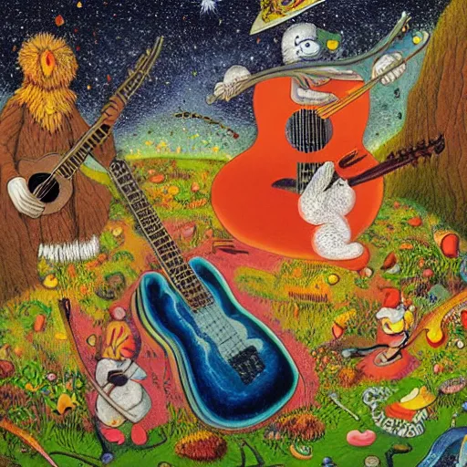 Image similar to morning in the middle of the day in the lush forest, guitar, milky way, designed by moebius, rob gonsalves, gustav dore, giuseppe arcimboldo and carl barks, louis wain, trending on artstation, canada, star, sharp focus, colorful refracted sparkles and lines, soft light, 8 k 4 k