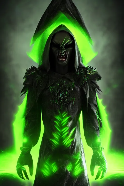 Image similar to character design, dark priest, green lightning, black halo, evil, power, green mist, scary, realistic, 3d, octane render, photorealistic, unreal engine, hellish background
