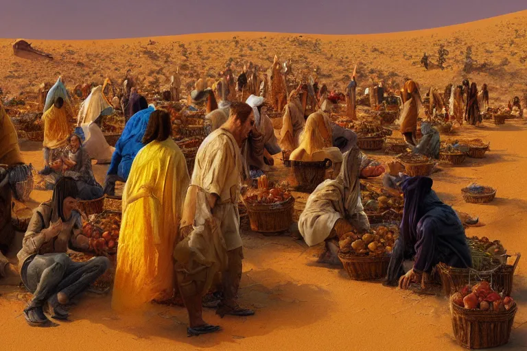 Image similar to detailed digital painting of a crowd of jews in the desert harvesting white manna, yellow orange and blue color scheme, by karol bak craig mullins and ross trann