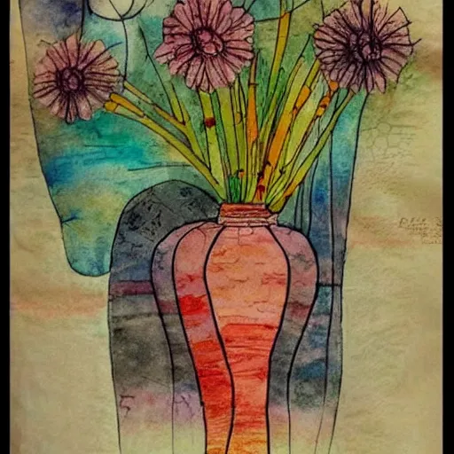 Prompt: a fancy vase with a colorful and beautiful flower arrangement by the close window. very stylize and delicate watercolor and pen drawing on old newspaper. klee and da vinci style. colors splashes. stains. view from far.