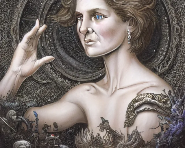 Image similar to photography of laurie lipton, deep focus, d & d, fantasy, intricate, elegant, highly detailed, digital painting, artstation, concept art, matte, sharp focus, illustration, princess diana, art by artgerm and greg rutkowski and alphonse mucha