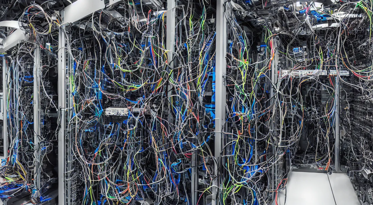 Prompt: broken corrupted server rack computer crypto mining data center servers equipment wires cables, chaotic 5 5 mm photography detailed footage