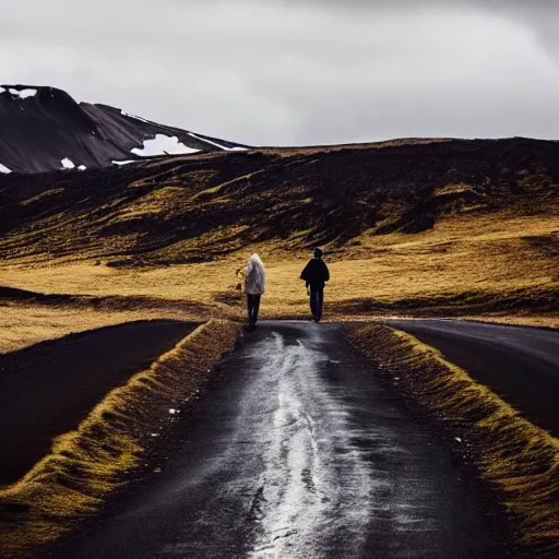 Prompt: Man and woman walking together, Iceland landscape, phone photo, 12mpx