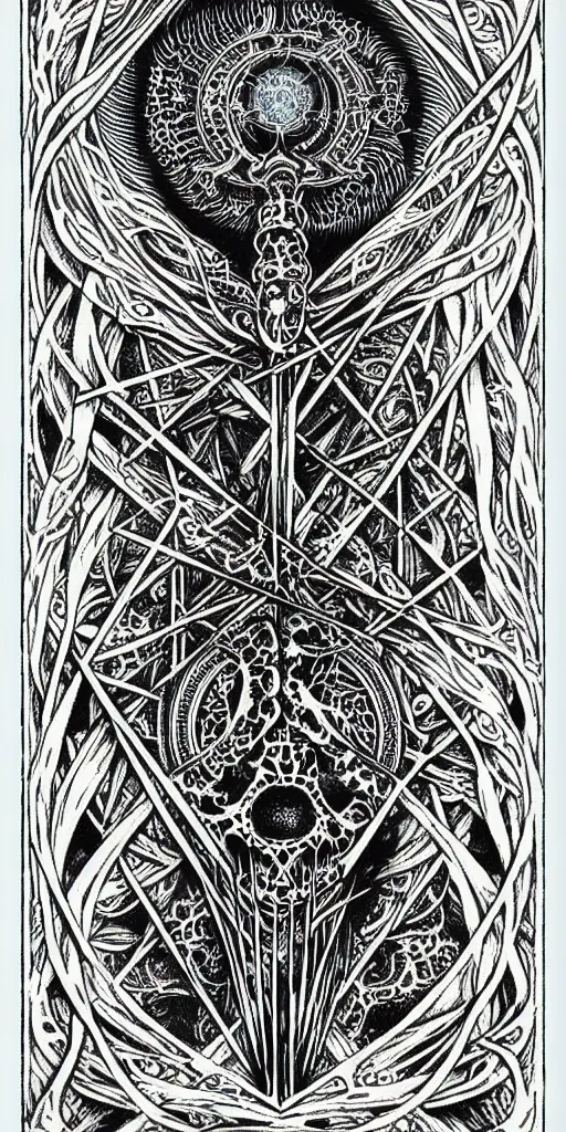 Image similar to a beautiful ombre skullpunk fractal tarot card featuring bold occult imagery with clean lines. haeckel. detailed adult coloring book