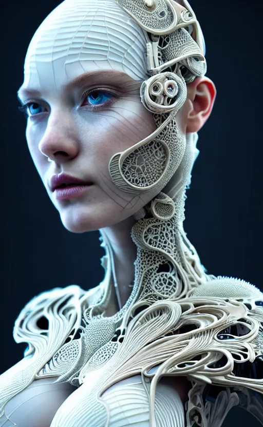 Image similar to intricate hyper detailed ultra sharp 3 d render of a beautiful smooth porcelain seductive cyborg woman portrait, medium shot portrait, bright light, alexandre ferra mecha, haute couture deeply cyberpunk art nouveau huge white fractal mycelum and fungi head ornaments, big embroidered leaves filigree spreaded roots, yellow infrared, octane render, volumetric cinematic lighting, 8 k, vray tracing