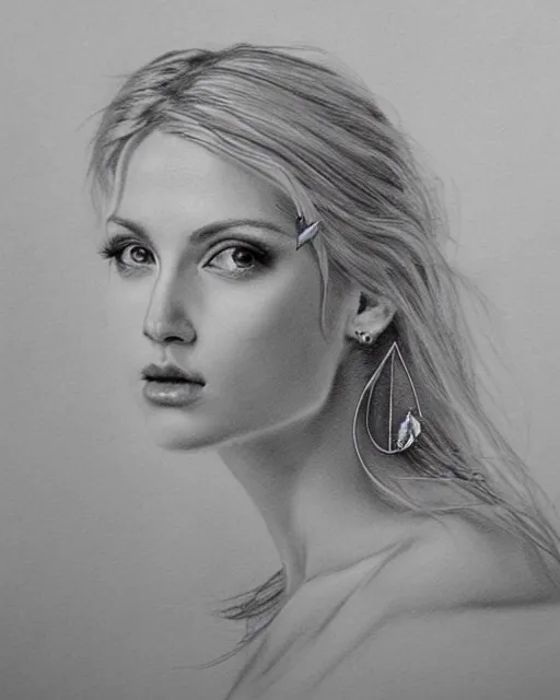 Image similar to pencil drawing of beautiful greek goddess aphrodite with arrowhead jewelry, beautiful piercing eyes, beautiful blonde hair flying in the wind, hyper realistic face, in the style of greg rutkowski, fantasy, amazing detail, epic, elegant, smooth, sharp focus, from the front