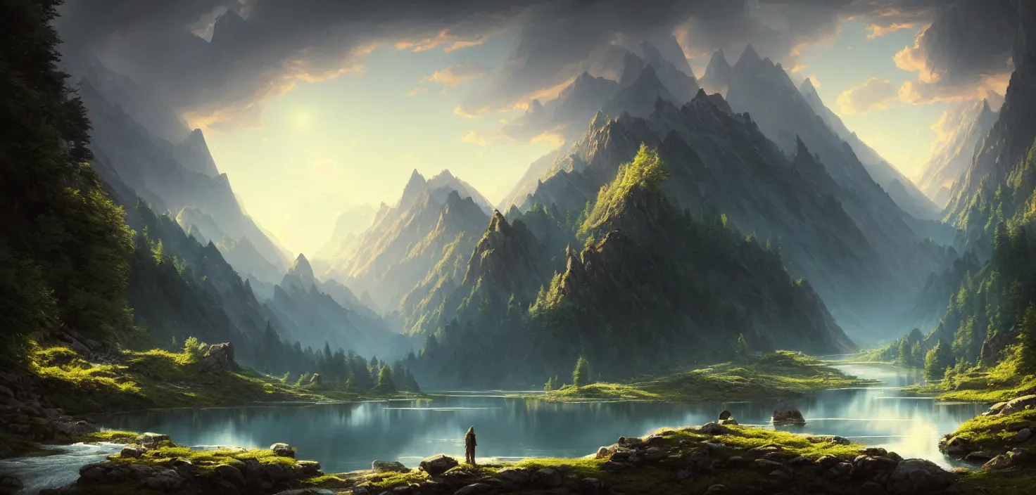 Prompt: lake in mountains streams and rivers flow down slopes of mountains and rocks into the valley spring in mountains, cinematic view, epic sky, detailed, concept art, low angle, high detail, warm lighting, volumetric, godrays, vivid, beautiful, trending on artstation, by jordan grimmer, huge scene, grass, art greg rutkowski